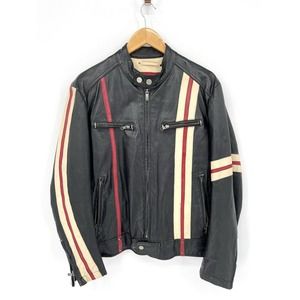 Wilsons Leather Vintage Moto Biker Racer Black Red Cream Stripe Jacket Medium